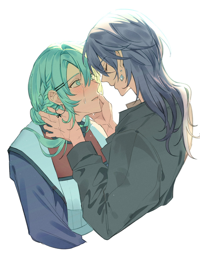 2girls aqua_eyes aqua_hair black_shirt blue_jacket blush braid bright_pupils chief_(path_to_nowhere) closed_eyes closed_mouth collared_jacket collared_shirt commentary_request cropped_torso crying crying_with_eyes_open diamond_earrings earrings expressionless eyelashes face-to-face female_chief_(path_to_nowhere) grey_hair hair_between_eyes hair_ornament hairclip half_up_half_down_braid hand_on_another&#039;s_cheek hand_on_another&#039;s_face hand_on_another&#039;s_neck heads_together highres jacket jewelry long_hair long_sleeves looking_at_another multiple_girls nightingale_(path_to_nowhere) open_clothes open_jacket parted_lips path_to_nowhere pointy_nose red_shirt sad scar scar_on_hand shirt short_hair_with_long_locks simple_background teardrop tears toho10min two-sided_fabric two-sided_jacket two-tone_shirt updo white_background white_pupils white_shirt yuri