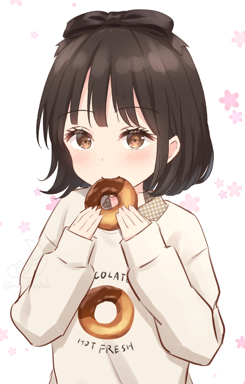 1girl animification black_bow black_hair blush bow brown_eyes brown_shirt chocolate_donut closed_mouth collared_shirt commentary_request donut donut_print dress_shirt eating food food_print hair_bow hanazora_satsuki highres holding holding_donut holding_food long_sleeves looking_at_viewer plaid_clothes plaid_shirt real_life sakurai_hina sakuramon shirt short_hair sleeves_past_wrists smile solo sweater upper_body voice_actor white_background white_sweater