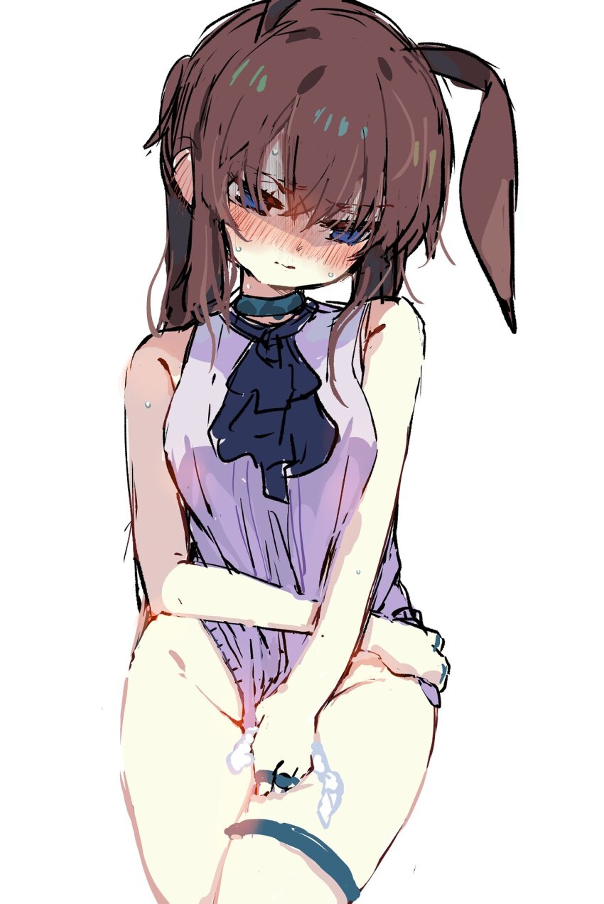 1girl amiya_(arknights) animal_ears arknights ascot averting_eyes bare_arms bare_shoulders black_ascot blue_eyes blush bottomless breasts brown_hair closed_mouth collar commentary_request covering_crotch covering_privates cowboy_shot grey_shirt groin hand_on_own_hip head_tilt highres holding holding_panties holding_underwear holding_unworn_clothes infection_monitor_(arknights) jewelry looking_to_the_side medium_breasts middle_ring multiple_rings nervous_sweating no_jacket nose_blush panties petite ponytail rabbit_ears rabbit_girl ring shaded_face shirt shirt_tug single_ear_down sleeveless sleeveless_shirt solo standing sukima_(crie) sweat thigh_strap underwear unworn_panties white_panties