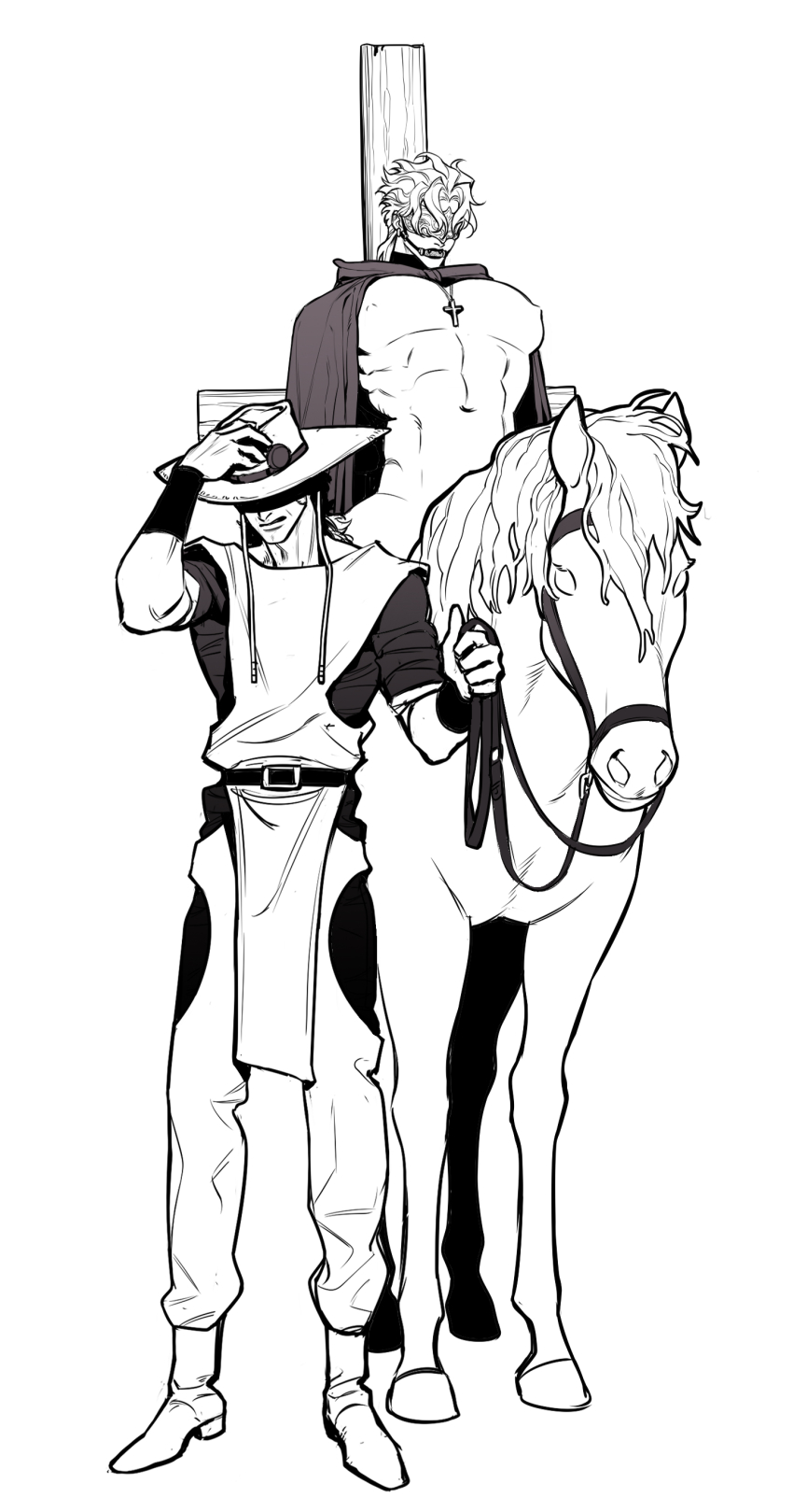 2boys absurdres bdsm blindfold bondage bound cross crucifixion dio_brando full_body gagged hat highres hol_horse horse horseback_riding huang_lia jojo_no_kimyou_na_bouken large_pectorals male_focus medium_hair monochrome multiple_boys navel nipples pectorals riding stardust_crusaders yaoi