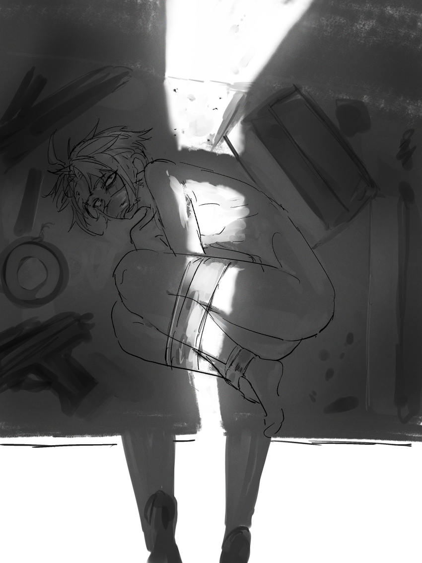 1boy 94dokugen absurdres bdsm bound bound_ankles bound_legs box commentary_request constricted_pupils gag greyscale gun highres improvised_gag in_box in_container lying male_focus monochrome multicolored_hair mutsushika_misumi nude on_side saibou_shinkyoku scared short_hair solo tape tape_gag two-tone_hair weapon
