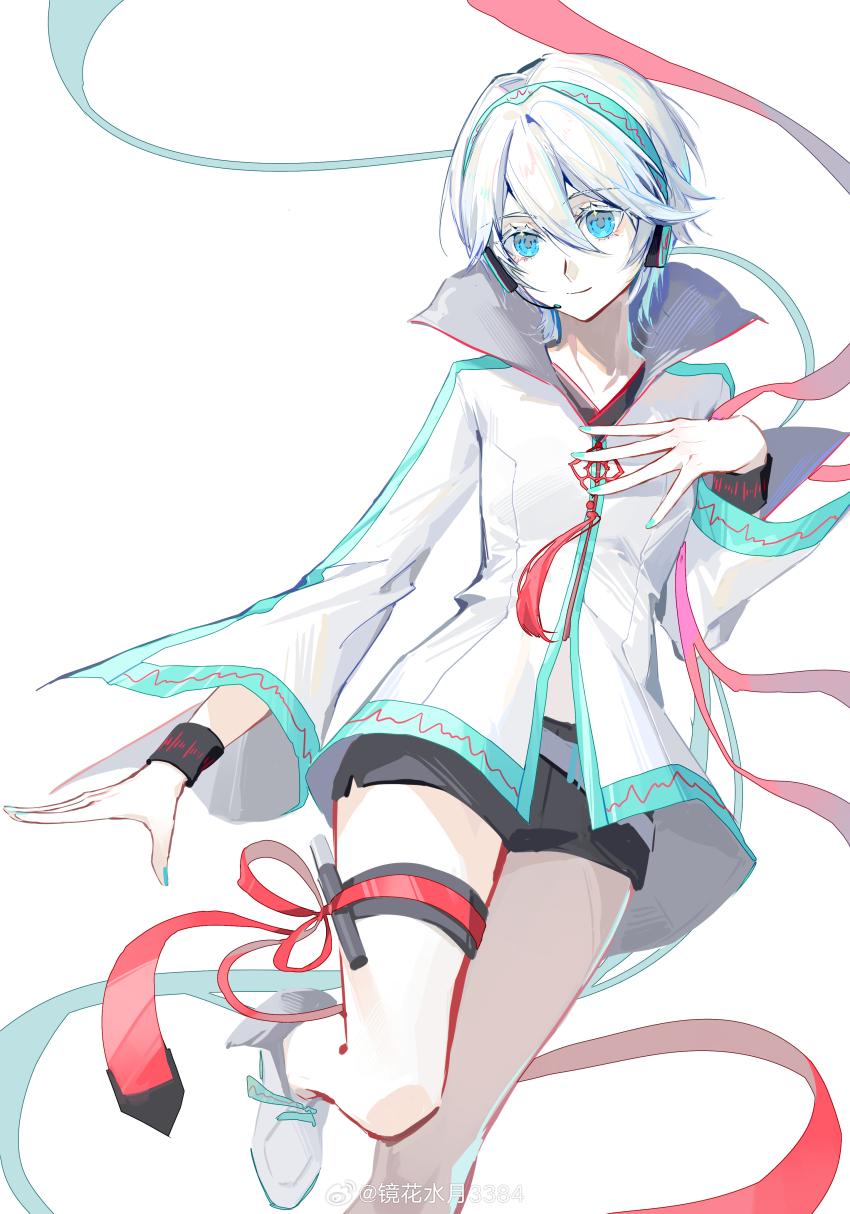 1girl absurdres black_shorts blue_eyes blue_headset blue_nails boots cardiogram cardiogram_print chinese_knot chinese_text hand_on_own_chest headset highres jacket jing_hua_shui_yue_3384 long_sleeves red_ribbon ribbon short_hair short_shorts shorts simple_background thigh_strap watermark weibo_username weibo_watermark white_hair wristband yanhe yanhe_v3