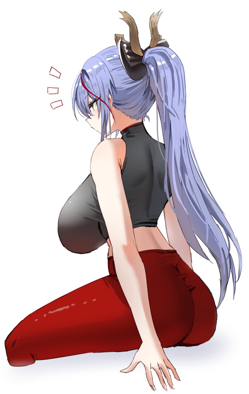 1girl akafuyu_(arknights) arknights arm_support ass bare_arms bare_shoulders black_shirt blue_hair breasts commentary_request crop_top from_behind highres horn/wood huge_breasts invisible_chair large_breasts long_hair looking_ahead midriff pants ponytail red_pants shirt simple_background sitting sleeveless sleeveless_shirt solo white_background