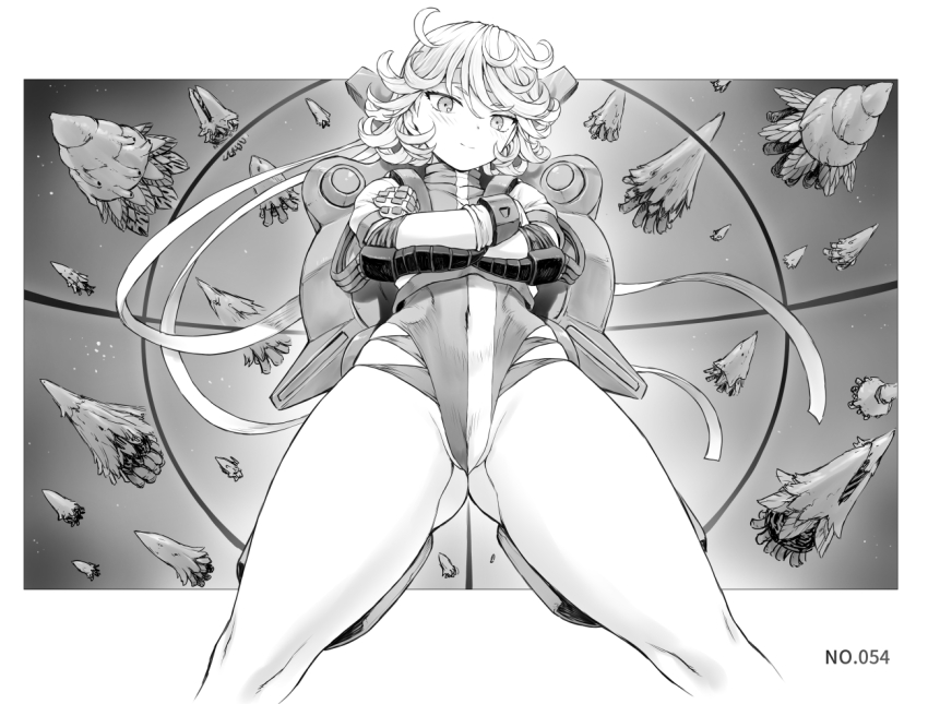 1girl ass bare_legs cameltoe cosplay crossed_arms curvy from_below gluteal_fold gunbuster gunbuster_(cosplay) highleg highleg_leotard leotard light_smile looking_down meme mogudan monochrome one-punch_man short_hair standing takaya_noriko takaya_noriko_(cosplay) tatsumaki thick_thighs thighs toned top_wo_nerae! top_wo_nerae!_(series) wide_hips