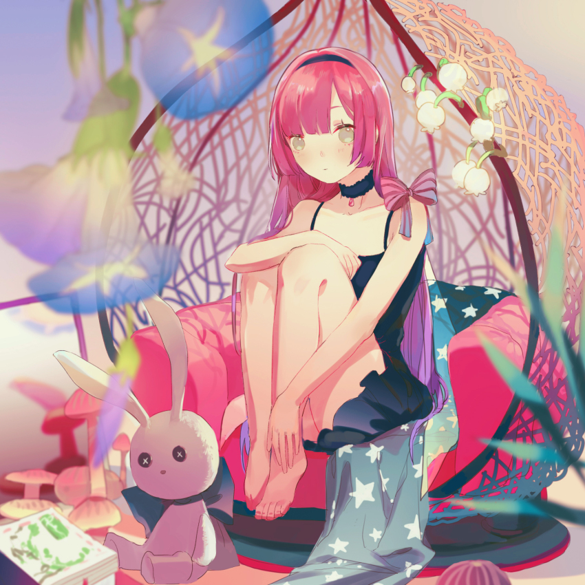 1girl barefoot black_choker black_dress blurry blurry_foreground book breasts chair choker dress flower grey_hair hands_on_feet highres knees_up lily_of_the_valley morning_glory mushroom original pink_hair senryoko sitting small_breasts stuffed_animal stuffed_rabbit stuffed_toy toes