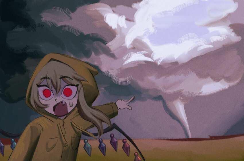 1girl alternate_costume blonde_hair cloud cloudy_sky crystal drawstring fang flandre_scarlet flandrepudding highres hood hoodie meme one_side_up pointing red_eyes short_hair sky solid_circle_pupils solo sweatdrop tornado touhou two_soyjaks_pointing_(meme) wings yellow_hoodie