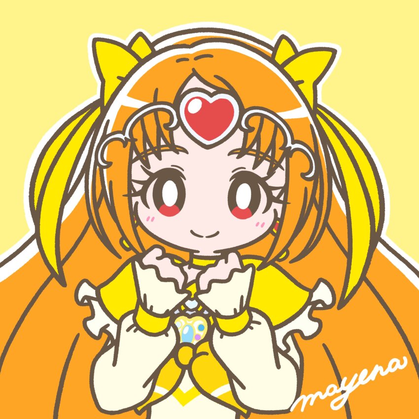 1girl ascot blush bow bright_pupils choker circlet clenched_hands closed_mouth cure_muse_(yellow) earrings frills hair_ornament hair_ribbon heart highres jewelry long_hair long_sleeves looking_at_viewer magical_girl mayena orange_hair outline precure red_eyes ribbon shirabe_ako signature simple_background smile solo suite_precure upper_body white_outline white_pupils yellow_ascot yellow_background yellow_bow yellow_choker
