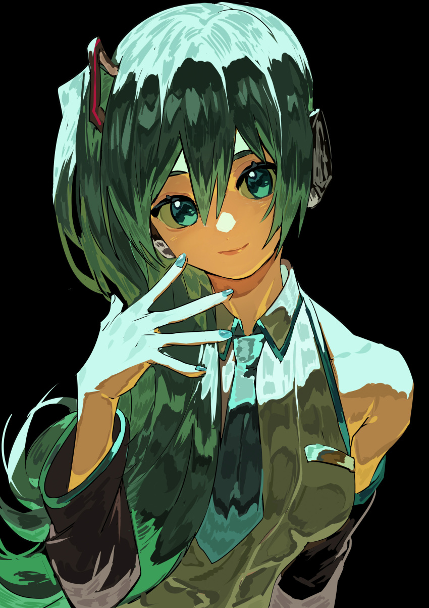 1girl absurdres aqua_eyes aqua_hair aqua_nails aqua_necktie black_background closed_mouth collared_shirt commentary detached_sleeves hair_between_eyes hatsune_miku hatsune_miku_(noodle_stopper) highres looking_at_viewer necktie shirt side_ponytail sidelocks simple_background smile solo upper_body vocaloid xi_luo_an_ya
