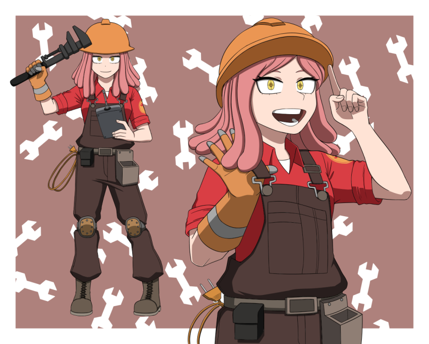 1girl belt belt_pouch boku_no_hero_academia cable cosplay engineer engineer_(tf2) gloves goggles hard_hat hatsume_mei helmet index_finger_raised knee_pads long_hair multiple_views open_mouth overalls pink_hair pouch red_engineer_(tf2) simple_background single_glove smile standing symbol-shaped_pupils team_fortress_2 the_engineer_(cosplay) trait_connection wrench yellow_eyes ysd2552