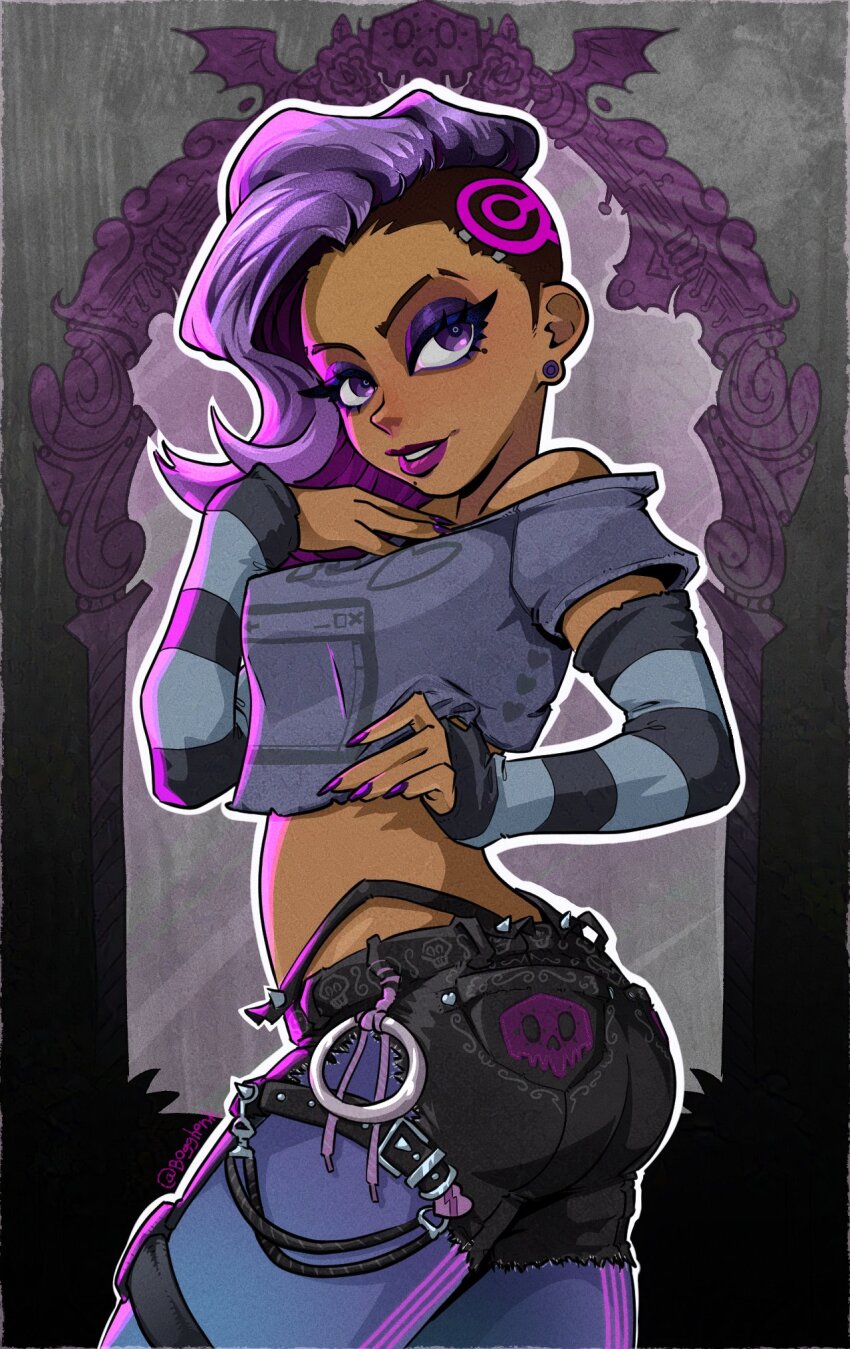 1girl a_munu_(bogghonk) ass asymmetrical_hair black_shorts blue_pantyhose crop_top cropped_shirt cyborg dark-skinned_female dark_skin eyebrow_cut eyeshadow grey_shirt hand_on_own_chest hand_up highleg highleg_panties highres legs_up makeup mechanical_head midriff mole mole_under_eye official_alternate_costume overwatch panties panty_straps pantyhose plug_(piercing) purple_eyes purple_eyeshadow purple_hair purple_lips purple_nails shirt short_shorts shorts solo sombra_(overwatch) striped_arm_warmers undercut underwear
