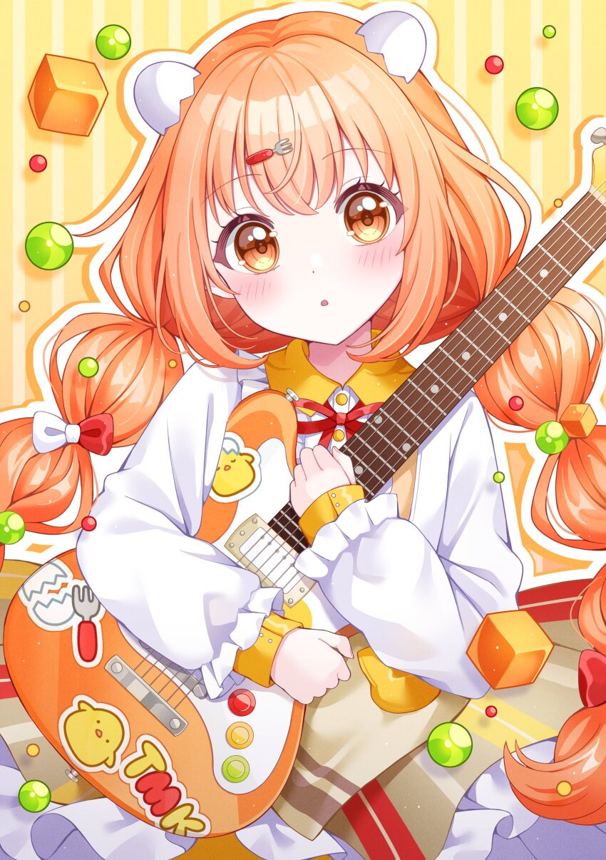 1girl :o absurdres apron blush bow braid brown_apron brown_skirt buttons center_frills collared_shirt commentary crossed_bangs cube_hair_ornament egg_hair_ornament electric_guitar eyelashes food-themed_hair_ornament fork_hair_ornament frilled_skirt frilled_sleeves frills guitar hair_between_eyes hair_bobbles hair_bow hair_ornament highres holding holding_guitar holding_instrument instrument kirara_tamako kirara_tamako_(1st_costume) long_hair long_sleeves looking_at_viewer neck_ribbon nijisanji open_mouth orange_eyes orange_hair outline ponigiri12 red_bow red_ribbon ribbon shirt sidelocks skirt solo sticker striped_background striped_clothes striped_skirt symbol-only_commentary twin_braids vertical-striped_clothes vertical-striped_skirt very_long_hair virtual_youtuber white_bow white_outline white_shirt yellow_background