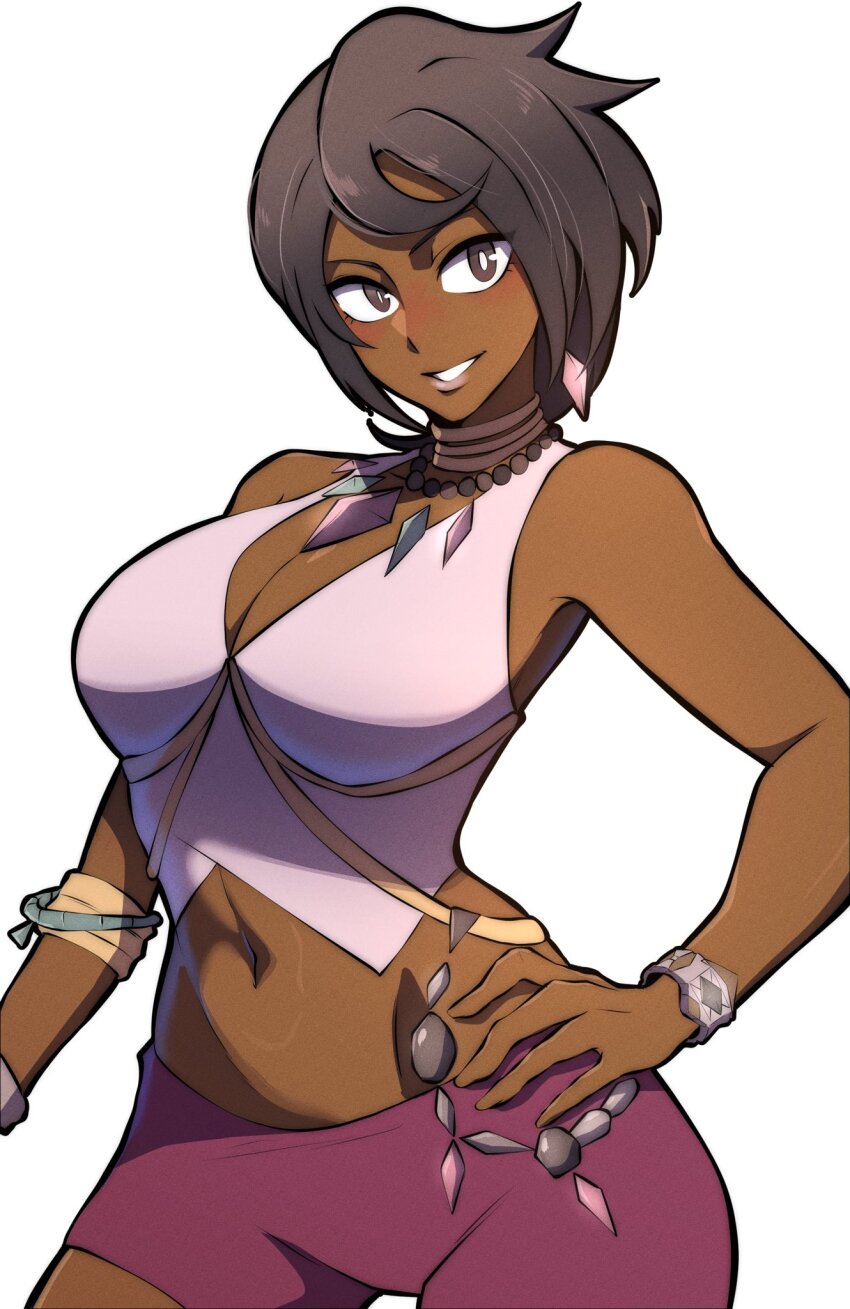 1girl breasts brown_eyes brown_hair dark-skinned_female dark_skin diamond_earrings diamond_necklace earrings hand_on_own_hip highres jewelry looking_at_viewer midriff nintendo olivia_(pokemon) pink_shirt pokemon pokemon_sm purple_shorts rock shirt shorts thatamaan z-ring