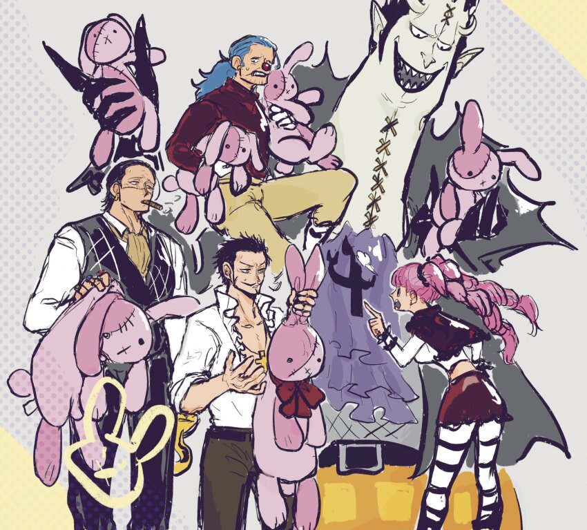 1girl 4boys ascot black_hair blue_hair buggy_the_clown cigar crocodile_(one_piece) dracule_mihawk f4ylu gecko_moria gloves hand_on_own_hip highres holding multiple_boys one_piece pantyhose perona pink_hair purple_ascot shirt skirt smile striped_clothes striped_pantyhose sweatdrop talking twintails white_gloves white_shirt