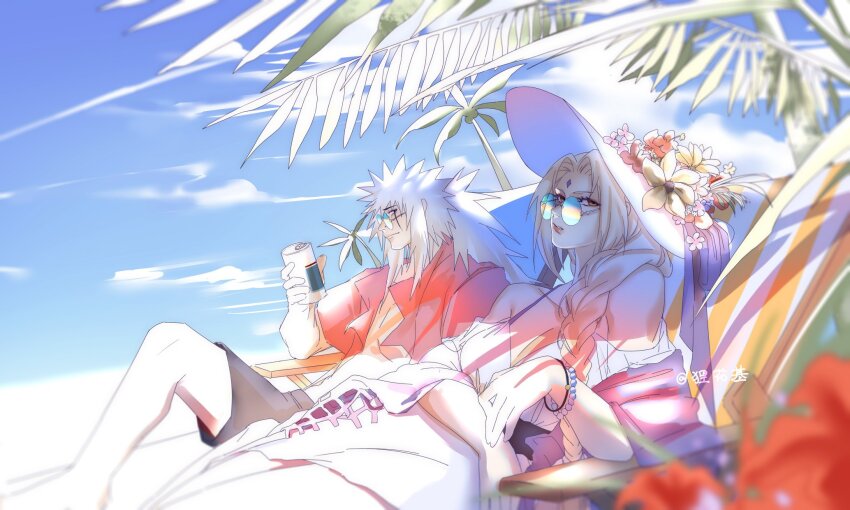 1boy 1girl beach blonde_hair blue_sky cokiebeard glasses hat highres jiraiya_(naruto) naruto_(classic) naruto_(series) outdoors round_eyewear shirt sky sunglasses swimsuit tsunade_(naruto) white_shirt
