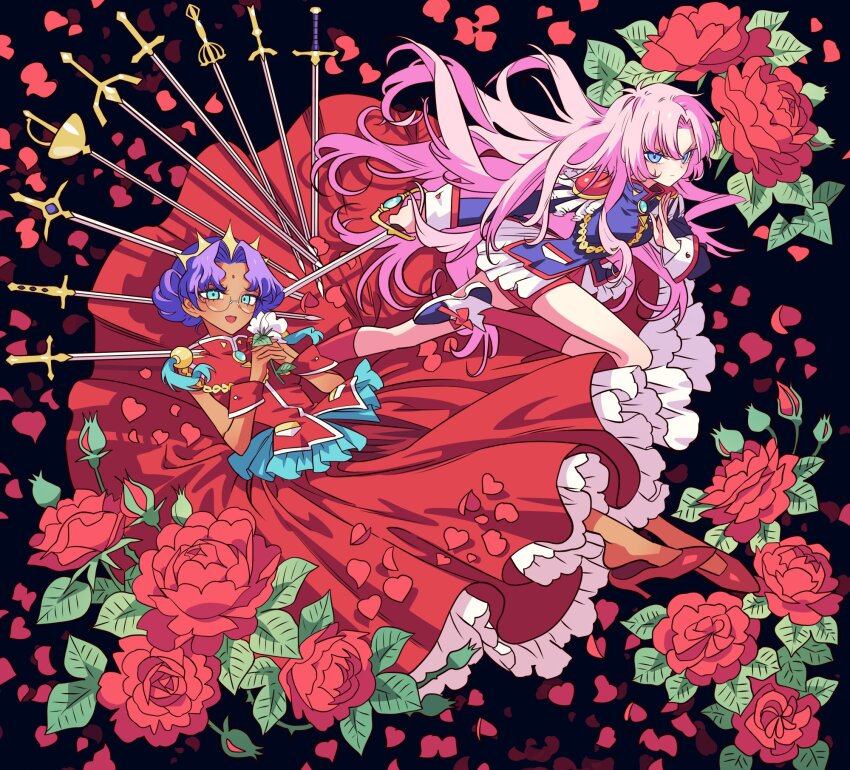 2girls black_background blue_eyes blue_jacket dark-skinned_female dark_skin falling_petals flower glasses heart heart-shaped_petals highres himemiya_anthy jacket long_hair meremero military_uniform multiple_girls petals pink_hair red_flower red_footwear red_rose red_skirt rose shoujo_kakumei_utena skirt sword tenjou_utena very_long_hair weapon