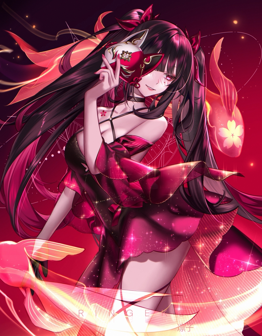 1girl absurdres artist_name bare_shoulders black_gloves black_hair blunt_bangs breasts butterfly-shaped_pupils cherry_blossom_print cleavage commentary detached_sleeves dress fingernails floral_print flower_tattoo fox_mask gloves hair_ornament highres holding holding_mask honkai:_star_rail honkai_(series) koi large_breasts lips long_hair looking_to_the_side mask mole mole_under_each_eye mole_under_eye multiple_moles nail_polish pink_eyes red_background red_dress red_nails red_theme ringeko-chan simple_background single_glove sleeveless sleeveless_dress smile solo sparkle sparkle_(honkai:_star_rail) symbol-shaped_pupils tattoo thighs twintails very_long_hair wide_sleeves