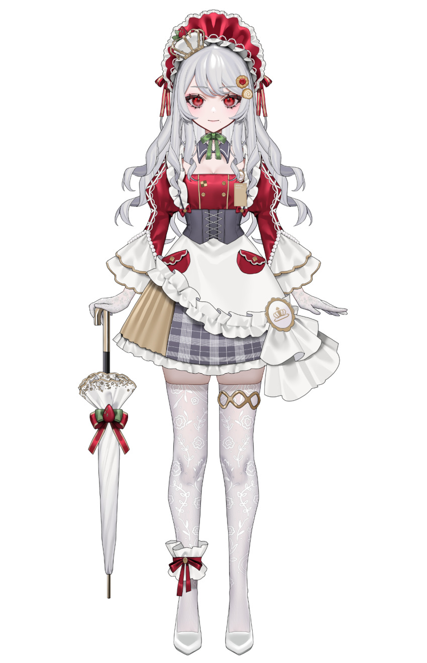 1girl amazura_sumoa bebe_(bebe_pp) blush breasts closed_mouth cookie_hair_ornament corset cross-laced_clothes cross-laced_corset crown food-themed_hair_ornament frilled_skirt frills full_body gloves grey_corset grey_hair hair_ornament highres juliet_sleeves lace lace_gloves lace_thighhighs long_hair long_sleeves looking_at_viewer maid mini_crown mole mole_under_eye official_art pantyhose puffy_sleeves red_eyes red_headdress red_shirt shirt shoes simple_background skindentation skirt smile solo standing tachi-e thighhighs transparent_background umbrella unconventional_maid vebop_project virtual_youtuber white_crown white_gloves white_shoes white_thighhighs