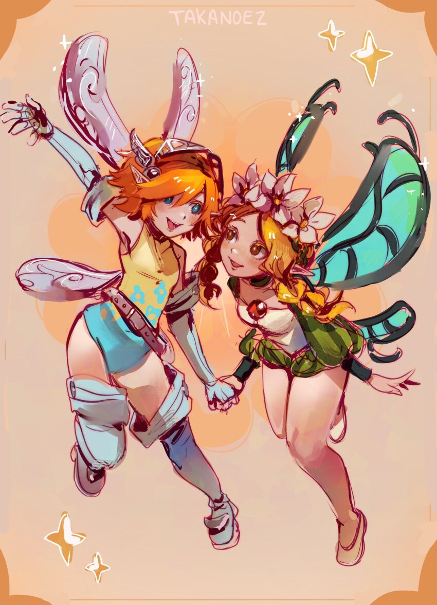 2girls commentary english_commentary fairy fairy_wings flower_wreath gallica_(metaphor:_refantazio) hair_between_eyes head_wreath highres holding_hands leotard looking_at_another mercedes_(odin_sphere) metaphor:_refantazio multiple_girls odin_sphere open_mouth orange_hair smile sparkle takanoezz visor_(armor) wings