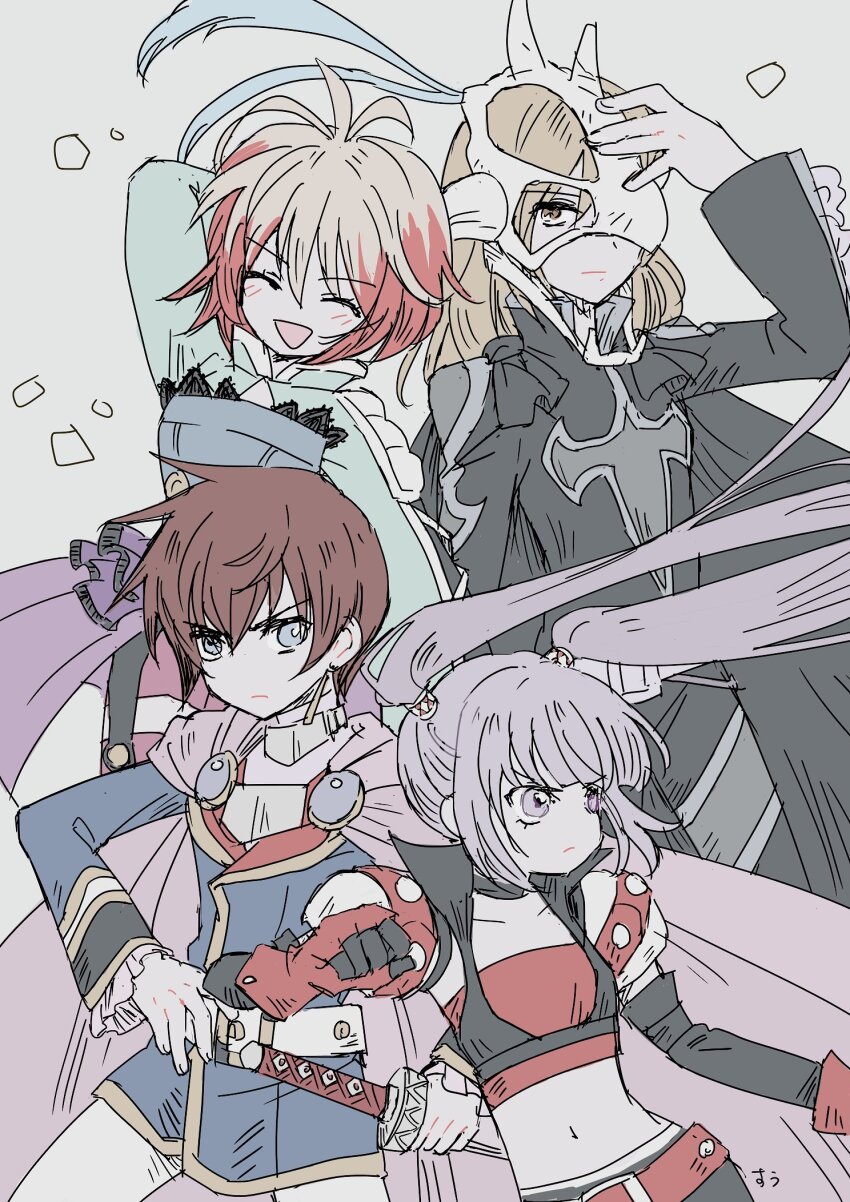 2boys 2girls asbel_lhant cosplay harold_berselius highres in-franchise_crossover judas_(tales) leon_magnus mask multiple_boys multiple_girls pascal_(tales) purple_hair richard_(tales) rutee_katrea skull_mask sophie_(tales) suuu178 tales_of_(series) tales_of_destiny tales_of_destiny_2 tales_of_graces