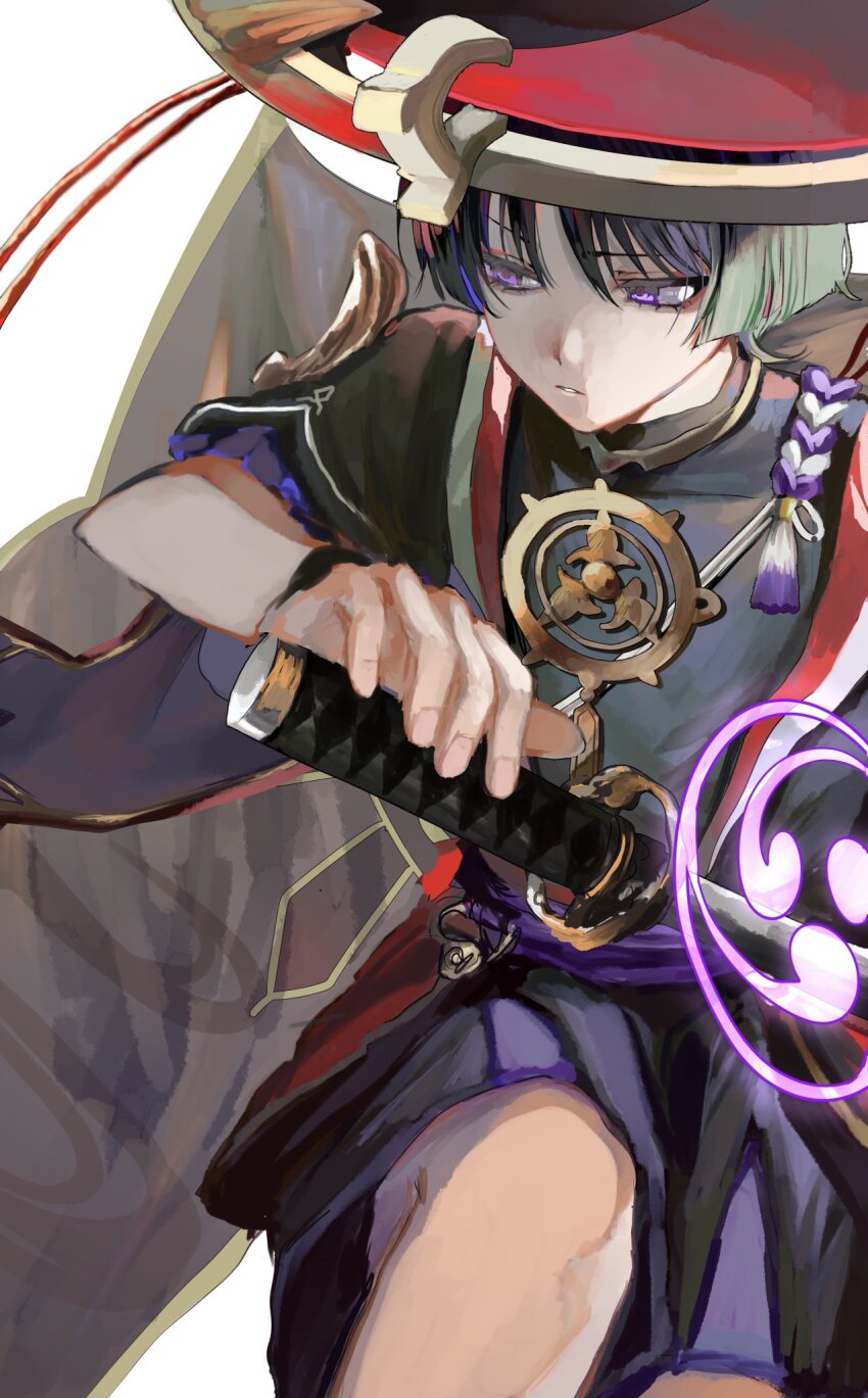 1boy black_bodysuit black_hair black_kimono black_shorts black_sleeves blunt_ends bodysuit ce5_ez choppy_bangs covered_collarbone eyelashes eyeliner eyeshadow fingernails frilled_sleeves frills genshin_impact gold gold_trim grey_veil half-closed_eyes hat highres japanese_clothes jewelry jingasa juban katana kimono layered_sleeves looking_to_the_side makeup male_focus mitsudomoe_(shape) neck_ring o-ring open_clothes open_hand open_kimono parted_lips purple_eyes purple_rope purple_sash purple_sleeves red_eyeliner red_eyeshadow red_hat red_kimono red_pupils rope sash scaramouche_(genshin_impact) shimenawa short_sleeves shorts solo sword tassel tomoe_(symbol) veil weapon white_background white_kimono white_mouth white_rope