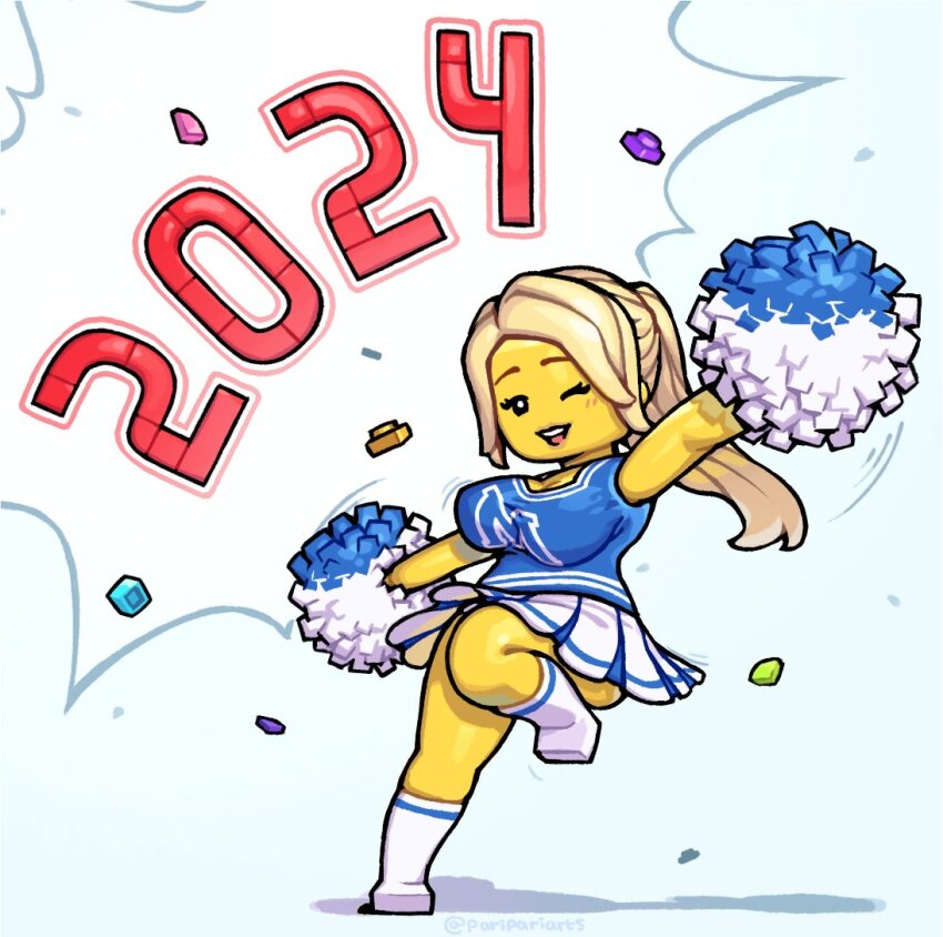 1girl 2024 blonde_hair blue_shirt breasts cheerleader cheerleader_(lego) colored_skin commentary english_commentary holding holding_pom_poms large_breasts lego_minifig long_hair meen one_eye_closed pom_pom_(cheerleading) pom_poms ponytail shadow shirt skirt smile socks solo the_lego_group white_footwear white_skirt white_socks yellow_skin