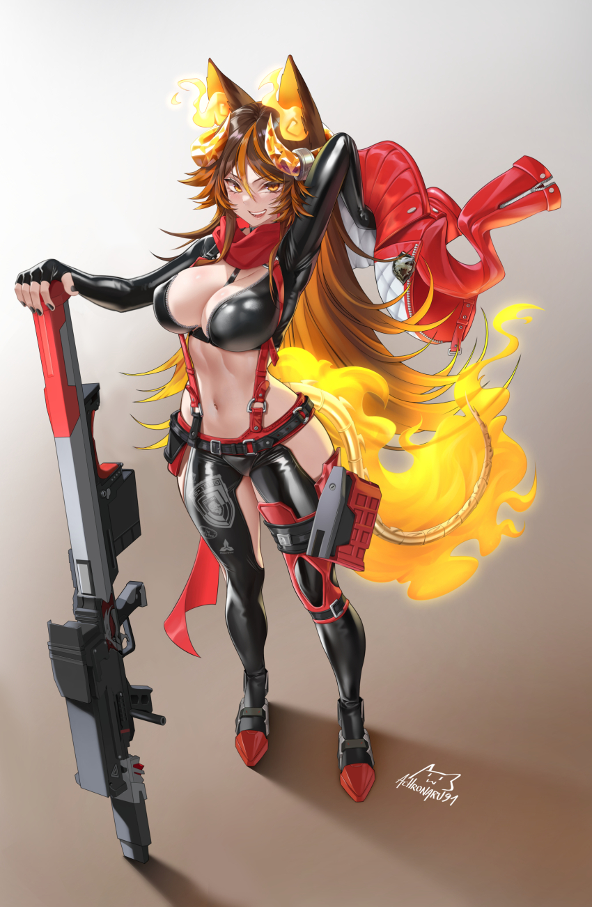 1girl absurdres achromaru animal_ears belt between_breasts black_gloves breasts brown_hair cleavage clothing_cutout commission cosplay crotch_plate demon_horns fiery_ears fiery_tail fingerless_gloves gloves goddess_of_victory:_nikke hair_between_eyes highres hip_vent holding horns indie_virtual_youtuber jacket large_breasts leather leather_jacket leather_pants leg_cutout long_hair long_sleeves looking_at_viewer midriff multicolored_hair navel open_mouth orange_eyes orange_fire orange_hair pants red_hood_(nikke) red_hood_(nikke)_(cosplay) red_scarf scarf sinder_(vtuber) sinder_(vtuber)_(demon_form) skeletal_tail smile solo strap_between_breasts streaked_hair tail unzipped very_long_hair virtual_youtuber wolf_ears wolf_girl wolf_tail