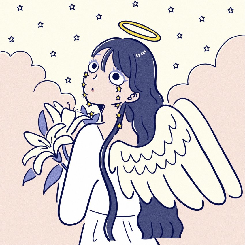 1girl alternate_body_fluid angel angel_wings black_camisole black_eyes black_hair camisole cloud crying feathered_wings flower from_behind green_background halo highres holding holding_flower hoppe_illust leaf long_hair long_sleeves original portrait simple_background solo star_(symbol) star_tears surreal tears upper_body white_flower white_wings wings