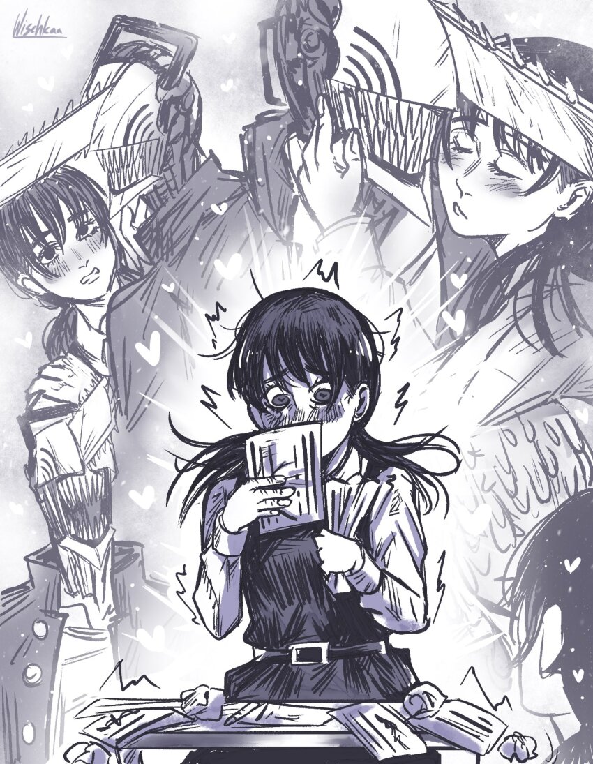 1boy 1girl blush chainsaw chainsaw_man commentary denji_(chainsaw_man) english_commentary fourth_east_high_school_uniform gakuran greyscale heart hetero highres holding holding_paper jacket low_twintails mitaka_asa monochrome open_clothes open_jacket paper reading school_uniform sharp_teeth signature table teeth trembling twintails wischkaa