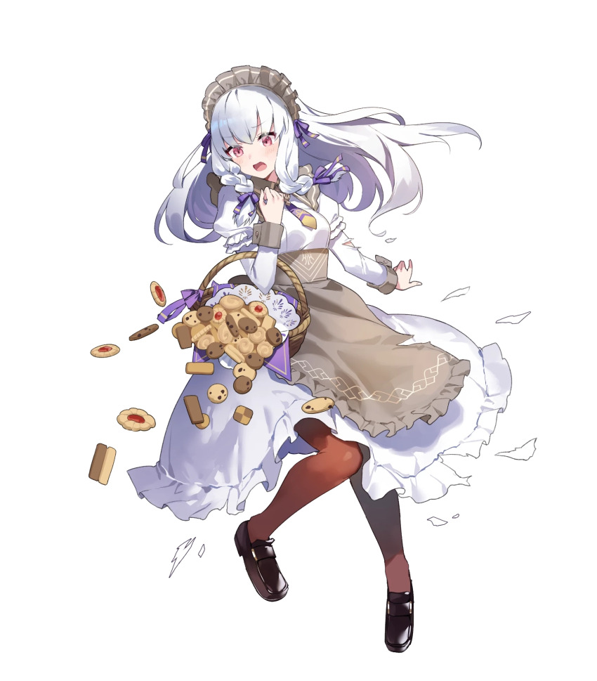 1girl alternate_costume amagasa_yun apron basket blush braid breasts cookie dress fire_emblem fire_emblem:_three_houses fire_emblem_heroes food frills full_body hair_ornament highres long_hair long_skirt long_sleeves lysithea_von_ordelia lysithea_von_ordelia_(tea_party) maid maid_headdress nintendo non-web_source official_art open_mouth pantyhose puffy_sleeves red_eyes shoes skirt small_breasts solo torn_clothes torn_skirt torn_sleeves transparent_background twin_braids wrist_cuffs