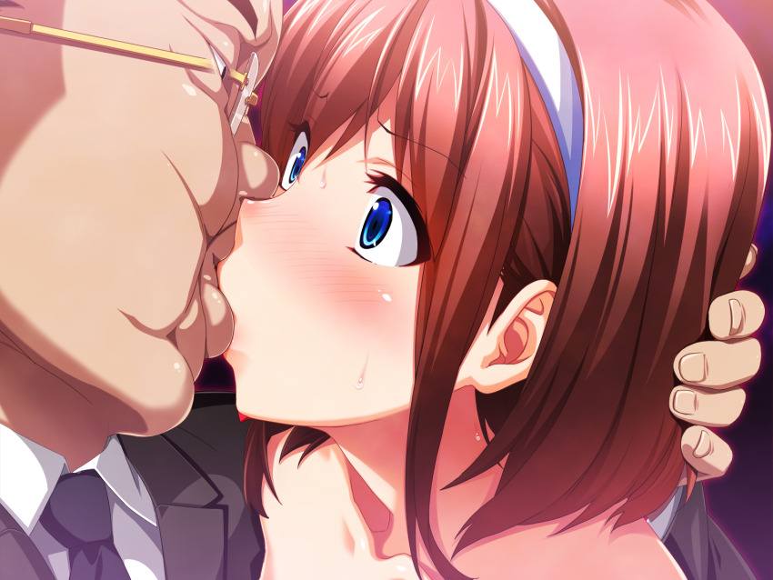 1boy 1girl age_difference asaoka_genzo big_nose black_background black_jacket black_necktie blue_eyes blush brown_hair clothed_male_nude_female collarbone collared_shirt embarrassed eye_contact fat fat_man forced_kiss from_side game_cg glasses hair_between_eyes hairband hand_in_another&#039;s_hair hetero highres hinomoto_koharu jacket kedamono-tachi_no_sumu_ie_de kiss lapels looking_at_another medium_hair necktie nude old old_man older_male_and_younger_female pin-point portrait raised_eyebrows shirt sidelocks simple_background suit_jacket surprised sweat takeda_hiromitsu thick_lips ugly_bastard white_hairband white_shirt wide-eyed wrinkled_skin