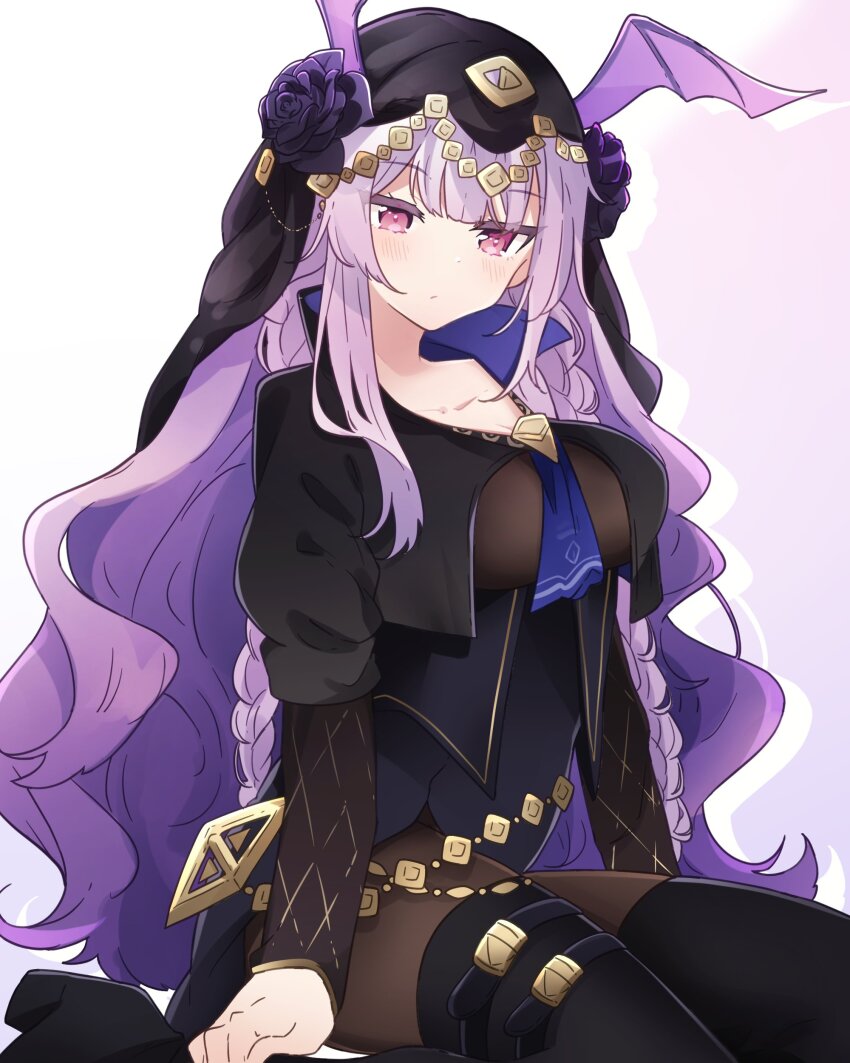 1girl absurdres arknights aza_nonoka black_boots black_dress blush boots braid breasts brown_pantyhose cleavage closed_mouth collarbone commentary dress expressionless head_wings highres long_hair long_sleeves looking_at_viewer manticore_(arknights) manticore_(under_a_veil)_(arknights) medium_breasts official_alternate_costume pantyhose pink_eyes purple_hair purple_wings sitting solo thigh_boots wavy_hair white_background wings