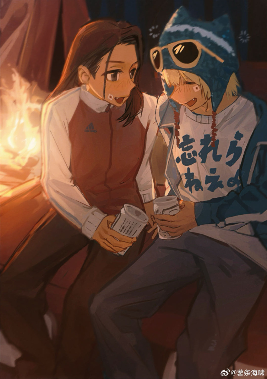 2girls absurdres adidas asahi_breweries baby_walkure beer_can black_eyes black_hair black_pants blonde_hair blush brand_name_imitation campfire can chinese_commentary closed_eyes commentary_request drink_can drunk eyewear_on_head fukagawa_mahiro grey_pants highres holding holding_can jacket multiple_girls occoon open_mouth pants red_jacket shirt sitting sugimoto_chisato weibo white_shirt