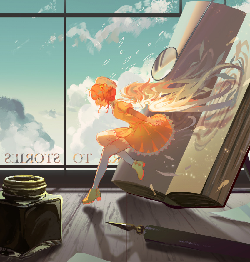 1girl ankle_boots backwards_text blue_sky book boots cardcaptor_sakura dress english_text from_side hat highres inkwell mirrored_text nib_pen_(object) open_book orange_dress pen pinlin short_hair sky solo table tagme thighhighs thighhighs_under_boots white_thighhighs window wooden_table