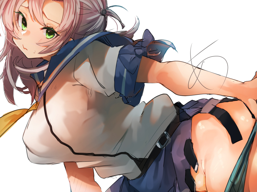1girl green_eyes grey_hair groin highres kantai_collection kinugasa_(kancolle) kinugasa_kai_ni_(kancolle) medium_hair one_side_up panties panty_pull purple_sailor_collar purple_skirt sailor_collar sailor_shirt school_uniform serafuku shirt simple_background skirt solo sunday_aki underwear upper_body white_background white_shirt