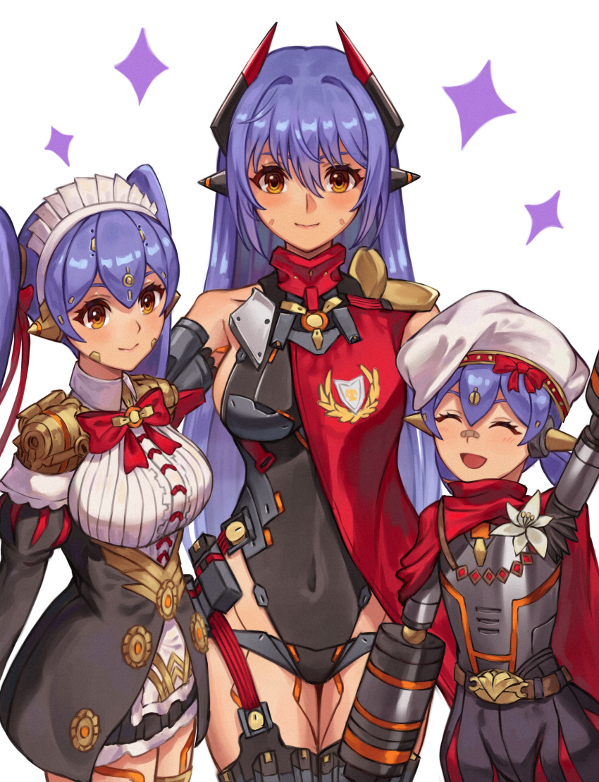 20060715 3girls absurdres android beret black_leotard covered_navel hat highleg highleg_leotard highres joints leotard looking_at_viewer maid maid_headdress multiple_girls multiple_persona orange_eyes poppi_(xenoblade) poppi_alpha_(xenoblade) poppi_qt_(xenoblade) poppi_qtpi_(xenoblade) purple_hair red_scarf robot_ears robot_girl robot_joints scarf twintails xenoblade_chronicles_(series) xenoblade_chronicles_2