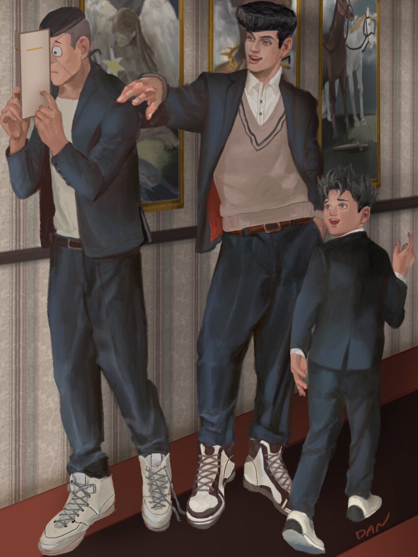 3boys artist_name belt blue_pants commentary_request danart14020 diamond_wa_kudakenai drawing_(object) formal_clothes full_body height_difference higashikata_josuke highres hirose_koichi holding indoors jacket jojo_no_kimyou_na_bouken long_sleeves looking_at_another male_focus multiple_boys nijimura_okuyasu open_mouth pants pompadour realistic shirt shoes smile sneakers sweater_vest