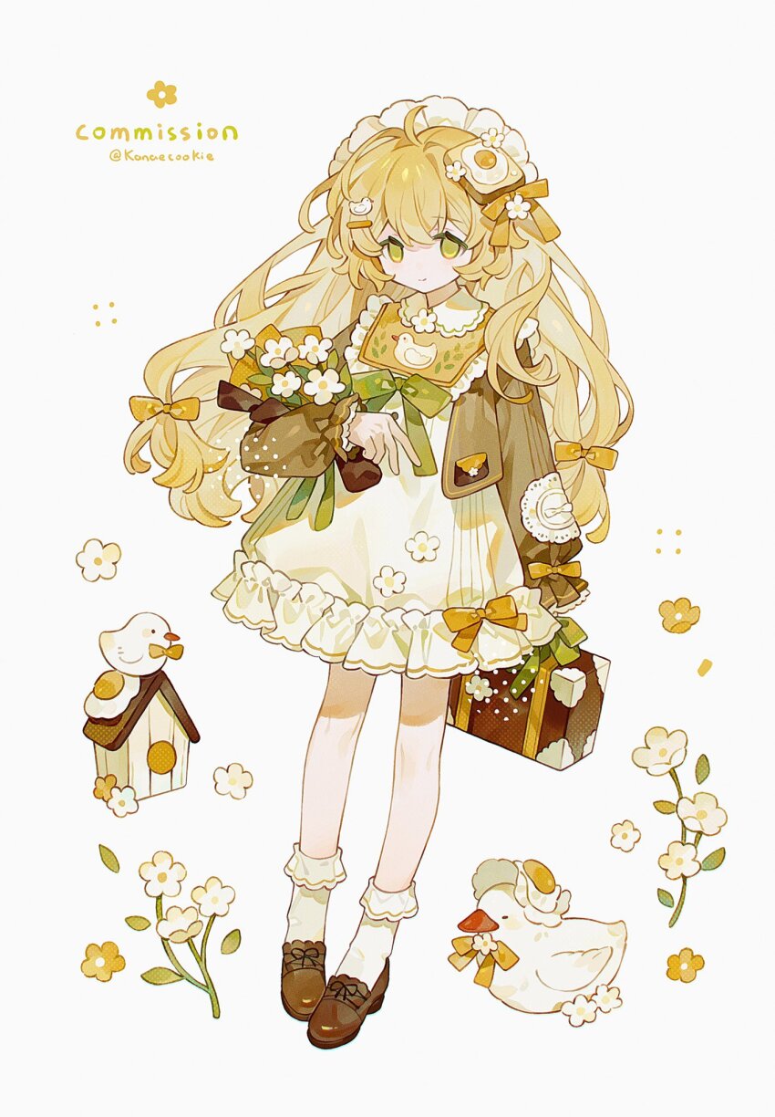 1girl ahoge bird blonde_hair bouquet bow bread_hair_ornament brown_footwear brown_jacket commission duck flower food-themed_hair_ornament full_body green_bow green_eyes hair_ornament hairclip highres jacket kanae_(cookie) long_hair open_clothes open_jacket original socks solo white_flower white_jacket white_socks