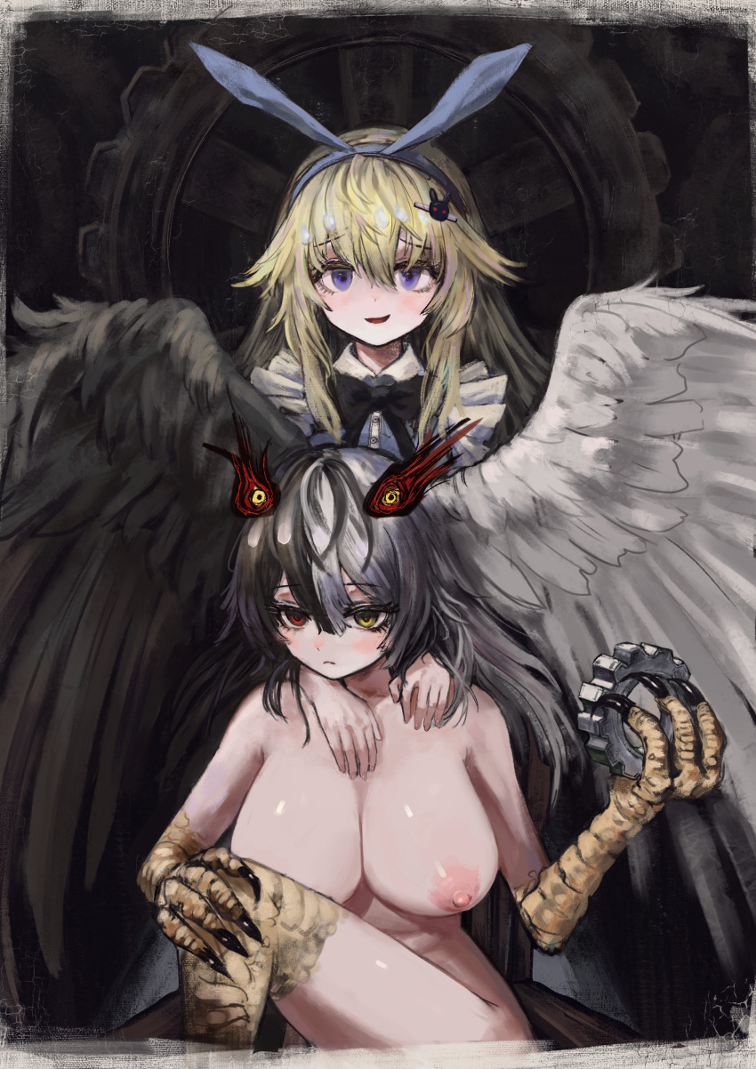 2girls absurdres alice_(black_souls) animal_hands bird_legs black_bow black_bowtie black_hair black_souls black_souls_2 blonde_hair blue_eyes blue_hairband bow bowtie breasts claws closed_mouth dress feathered_wings grey_hair hair_between_eyes hair_ornament hairband hairclip half-harpy head_wings heterochromia highres holding jubjub_(black_souls) large_breasts long_hair looking_at_viewer monster_girl multicolored_hair multiple_girls nipples nude parted_lips red_eyes ropeperson smile split-color_hair two-tone_hair wings yellow_eyes