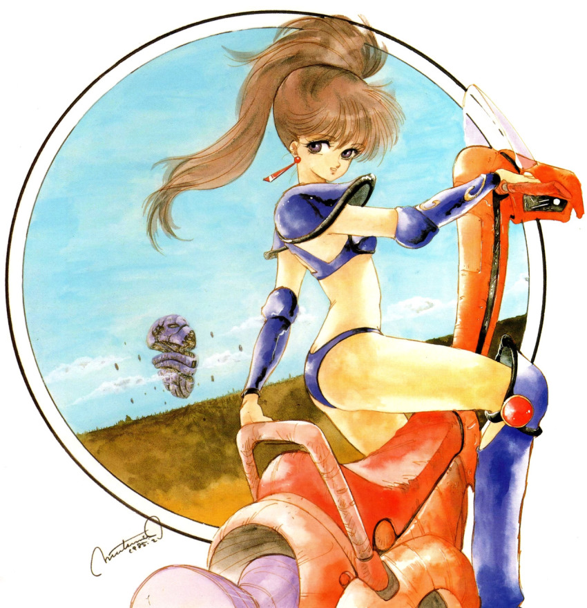 1980s_(style) 1985 1girl armor armored_boots asagiri_youko ass bikini_armor boots brown_eyes brown_hair butt_crack dated earrings female_focus framed genmu_senki_leda high_ponytail highres inomata_mutsumi jewelry long_hair official_art oldschool painting_(medium) pauldrons ponytail retro_artstyle riding shoulder_armor solo traditional_media unknown_creation_date vambraces vehicle watercolor_(medium)