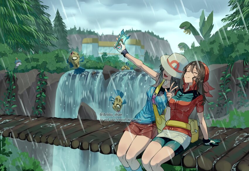 2girls ariekochan bandana black_shorts blue_shirt breasts bridge brown_hair cellphone closed_eyes english_text feebas gen_3_pokemon hat highres holding holding_phone jacket large_breasts leaf_(pokemon) may_(pokemon) multiple_girls nature nintendo outdoors phone pokemon pokemon_(creature) pokemon_frlg pokemon_rse rain ralts red_bandana red_jacket red_skirt selfie shirt shorts sitting skirt smartphone tropius twitter_username v w watermark wet white_hat