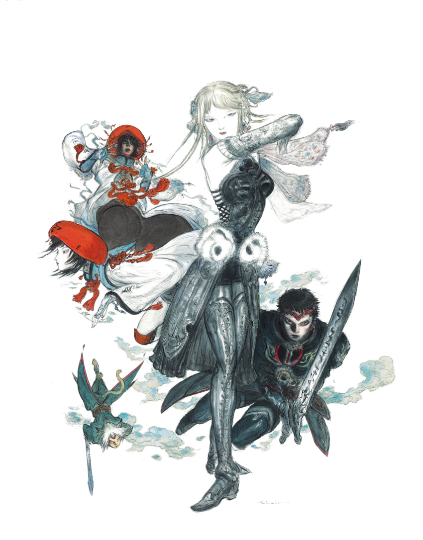 2boys 3girls adventurer_(ff11) amano_yoshitaka animal_ears arciela_v_adoulin black_bodysuit black_hair blonde_hair blue_eyes bodysuit breasts cat_ears cat_girl cat_tail circlet commentary detached_sleeves elf elvaan final_fantasy final_fantasy_xi geomancer_(final_fantasy) hat highres holding holding_sword holding_weapon hume long_hair long_sleeves medium_breasts mithra_(ff11) multiple_boys multiple_girls official_art pointy_ears red_hat rune_fencer_(final_fantasy) sandogasa second-party_source short_hair signature simple_background sword tail tassel weapon white_background white_hair