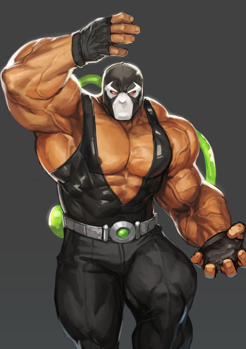 1boy abs absurdres armpits bane bara bare_pectorals batman_(series) belt biceps covered_abs dark-skinned_male dark_skin dc_comics gloves highres large_pectorals male_focus manly mask mature_male muscular muscular_arms muscular_legs muscular_male nipples pants pectorals red_eyes sidepec solo tank_top thighs tight_clothes traver009 tube veins veiny_arms