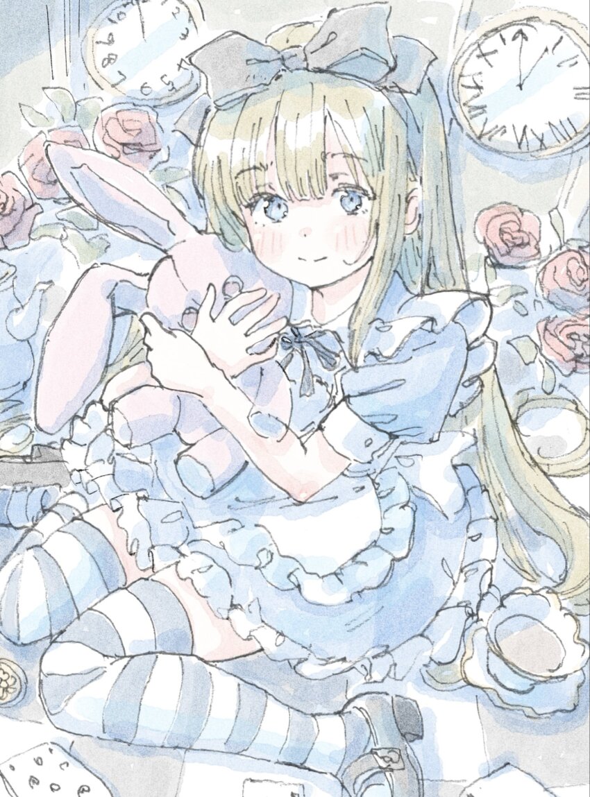 1girl alice&#039;s_adventures_in_wonderland alice_(alice_in_wonderland) analog_clock apron back_bow blonde_hair blue_dress blue_eyes blue_ribbon blunt_bangs blush bow card clock closed_mouth collar commentary_request cup dress flower frilled_dress frills grey_bow grey_hairband grey_shoes hair_bow hairband hands_up highres holding holding_stuffed_toy long_hair looking_at_viewer maid_apron mary_janes neck_ribbon playing_card poranka_(porankaran) red_flower red_rose ribbon rose saucer shoes sitting solo straight_hair striped_clothes striped_thighhighs stuffed_animal stuffed_rabbit stuffed_toy teacup teapot thighhighs traditional_media very_long_hair wariza white_apron white_bow white_collar zettai_ryouiki
