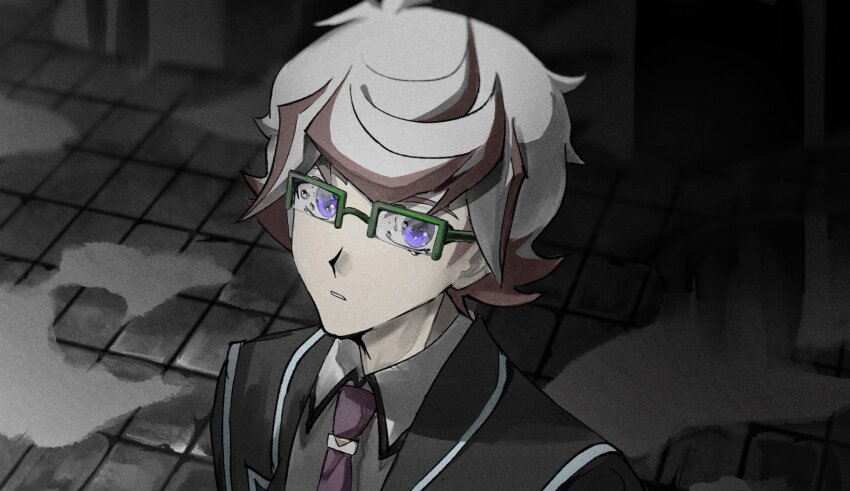 1boy bathroom black_jacket blazer blue_eyes building colored_bangs colored_tips dress_shirt facing_to_the_side fog green-framed_eyewear highres homura_takeru indoors jacket looking_ahead looking_to_the_side looking_up male_focus multicolored_hair muted_color necktie novale110 open_clothes open_jacket outdoors over-rim_eyewear red_necktie school_uniform semi-rimless_eyewear shirt swept_bangs tile_floor tiles upper_body water water_drop white_hair white_shirt yu-gi-oh! yu-gi-oh!_vrains