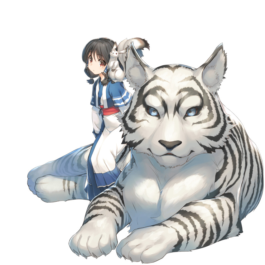 1girl amazuyu_tatsuki animal animal_on_shoulder aruruu black_hair blue_eyes hair_tubes highres long_sleeves looking_at_viewer medium_hair mukkuru non-web_source official_art photoshop_(medium) red_eyes standing transparent_background twintails utawarerumono utawarerumono:_lost_flag