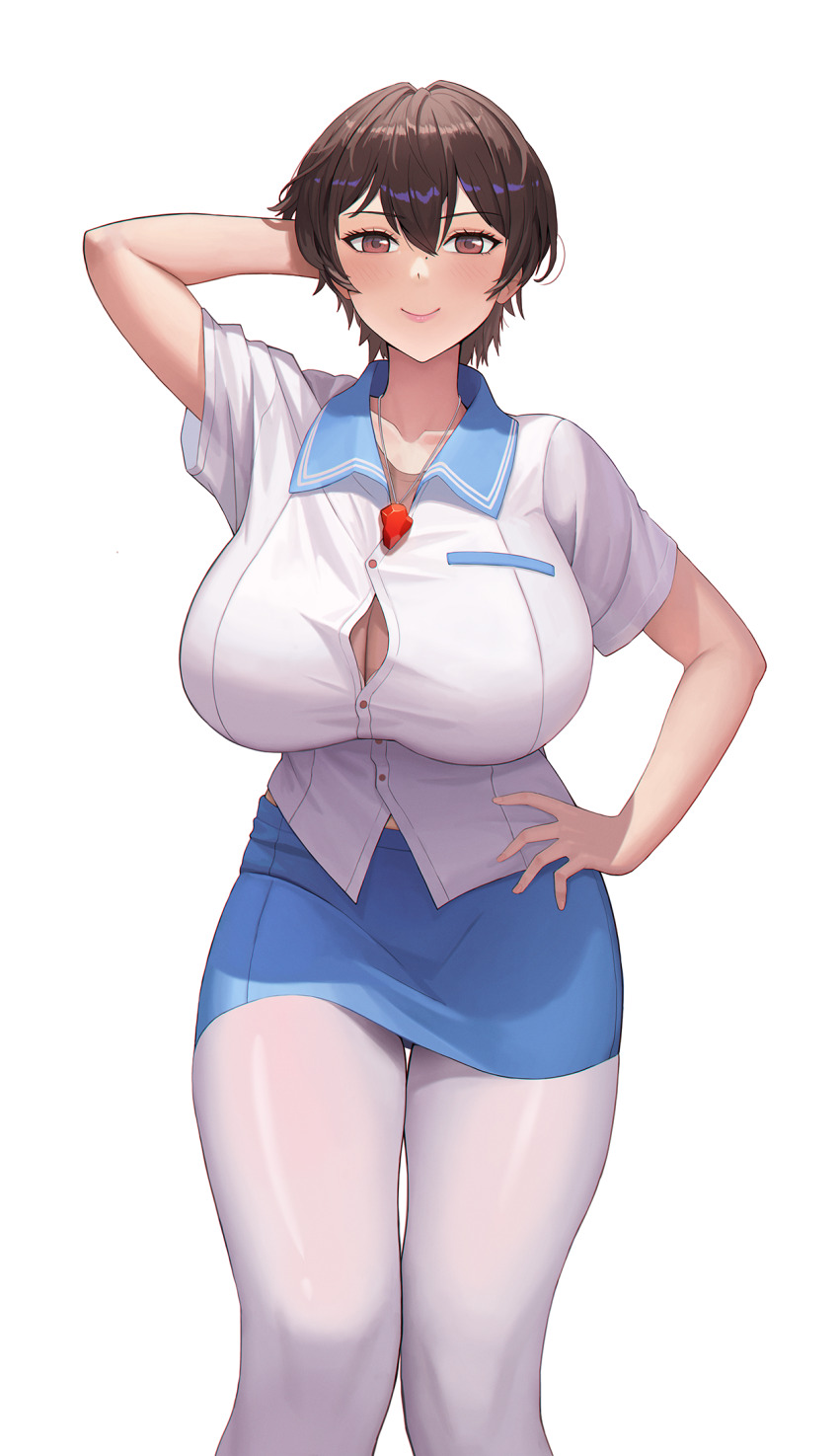 1girl arm_behind_head blue_skirt breasts brown_eyes brown_hair button_gap cleavage closed_mouth collared_shirt commission cowboy_shot feet_out_of_frame hair_between_eyes hand_on_own_hip highres huge_breasts looking_at_viewer lud mole original pantyhose pencil_skirt school_uniform shirt short_hair short_sleeves simple_background skirt smile solo straight-on thighs whistle whistle_around_neck white_background white_hair white_pantyhose white_shirt