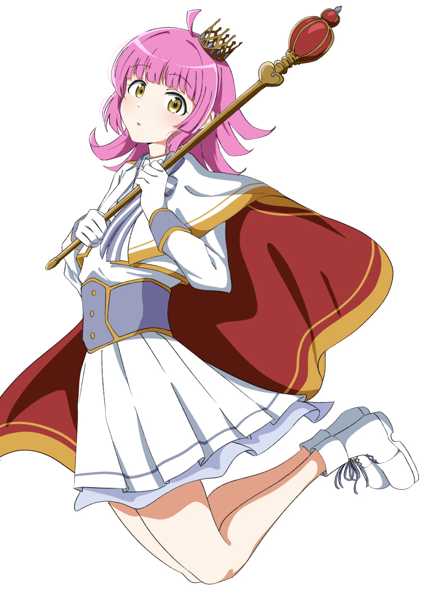 1girl absurdres ahoge boots cape commentary corset costume_request crown expressionless full_body gloves grey_corset highres holding holding_staff kishimen_hair lace-up_boots long_sleeves looking_at_viewer love_live! love_live!_nijigasaki_high_school_idol_club mini_crown miniskirt official_alternate_costume parted_lips pink_hair pleated_skirt red_cape shirt skirt solo staff tennoji_rina tilted_headwear two-sided_cape two-sided_fabric uchuu_no_mozuku white_boots white_cape white_gloves white_shirt white_skirt yellow_eyes