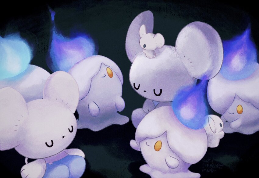 black_background black_eyes blue_fire closed_eyes closed_mouth fire fireblast gen_5_pokemon highres litwick maushold maushold_(family_of_four) mouse_(animal) nintendo no_humans pokemon pokemon_(creature) purple_fire sitting sleeping smile solid_eyes yellow_eyes
