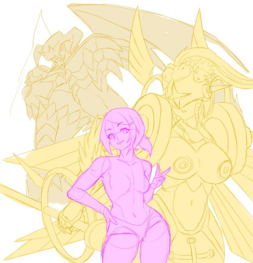 armor breasts digimon digimon_(creature) dynasmon falcon_(burbdoodles) highres medium_hair ofanimon sharp_teeth sketch teeth v yagami_hikari
