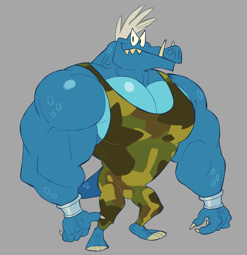 1boy bodysuit camouflage camouflage_bodysuit donkey_kong_(series) full_body furry furry_male grey_background highres krusha looking_at_viewer muscular muscular_male nintendo reptile_boy sharp_teeth simple_background sleeveless sleeveless_bodysuit solo standing starjeti teeth toon_(style)
